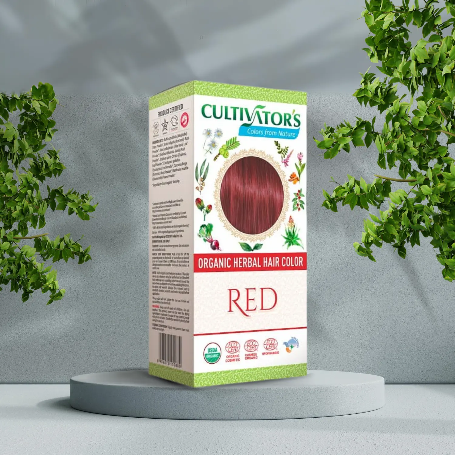 En Cultivators Henna hårfarve Rød 100g æske med rød hårfarve foran et træ, der fremmer helbred og velvære.