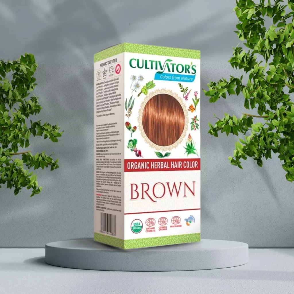 En æske Cultivators Henna hårfarve Brun 100g til helbred og velvære.