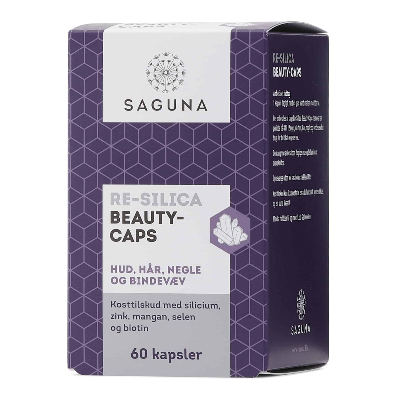 En æske Saguna Re-Silica 60 Kapsler Tilbud 2 æsker skønhedskasketter til velvære.