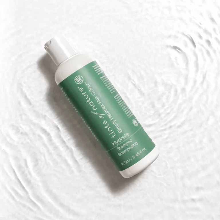 Pureday En flaske Tints of Nature Hydrate shampoo 250ml ligger på en tekstureret hvid overflade. Flasken er hvid med grøn mærkning og indeholder 8,4 fl oz (250 ml) Tints of Nature Hydrate shampoo.