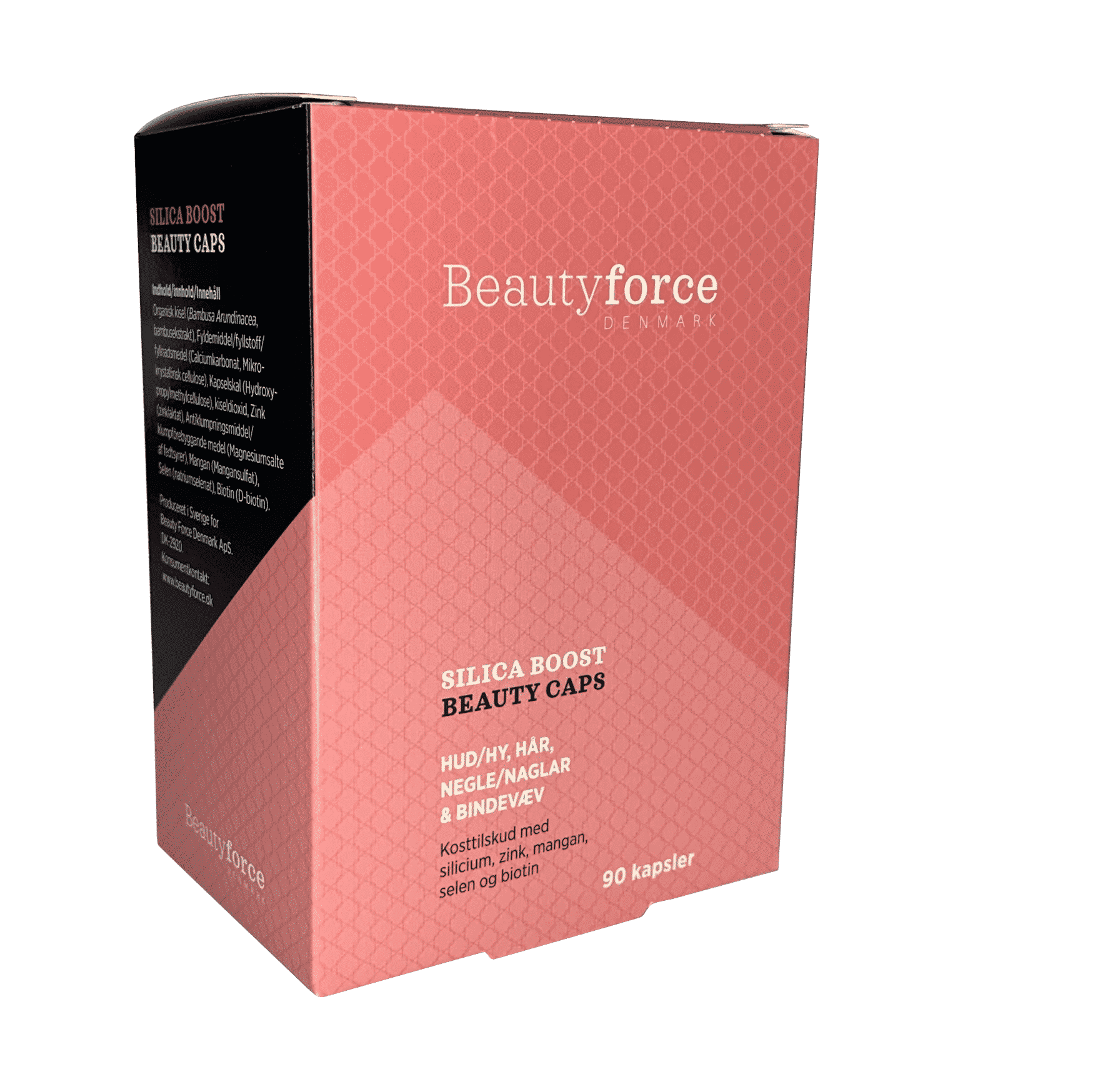 En pink æske fyldt med Hud, hår, negle og bindevæv - Beauty Force - Silica Beauty Boost Kapsler 90stk beauty force.