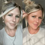 Pureday Et delt billede af en blond kvinde med to frisurer: venstre side viser hendes hår nedad og pjusket, højre side viser hende med en legende topknude. Hun smiler subtilt i et godt oplyst rum ved hjælp af Face Tan Aqua Mist.