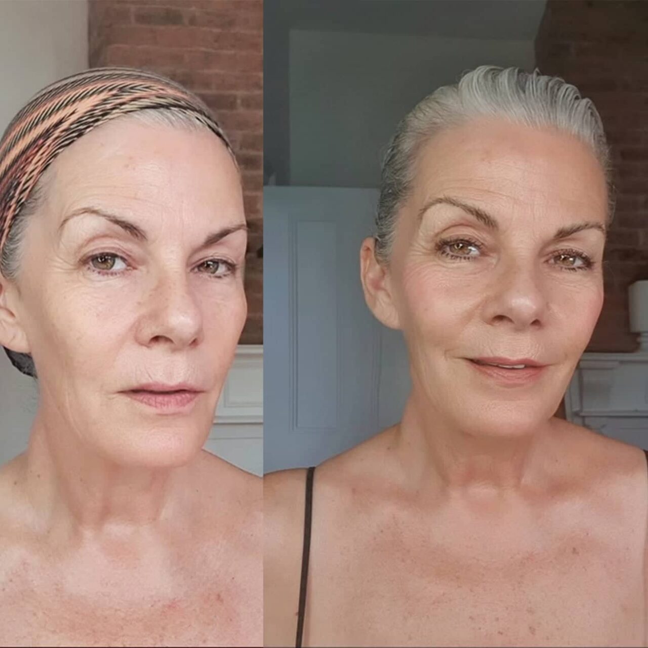 Før og efter billeder af en kvinde med naturligt gråt hår, der viser hendes revitaliserede udseende og følelse af velvære, takket være Gradual Tan 150 ml.