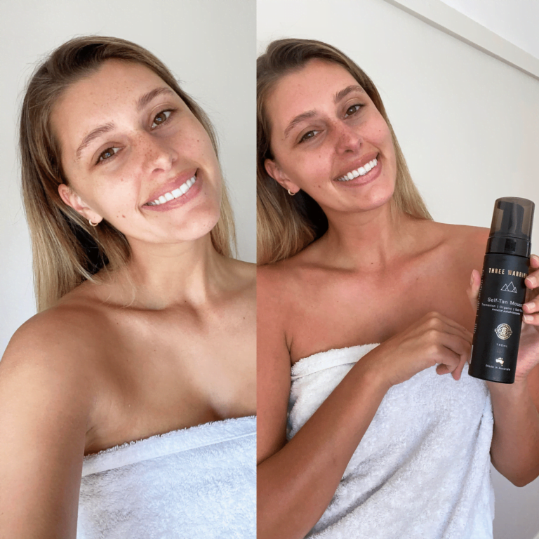 Pureday En smilende kvinde pakket ind i et hvidt håndklæde holder en flaske Tanning Mousse 150 ml i et billede med delt ramme, der viser hende før og efter brug.