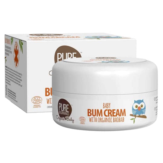 Pureday En beholder med Baby hale creme med økologiske baobab olie - Soothing Baby Bum Cream ved siden af sin æske, med et ugledesign og produktinformation.