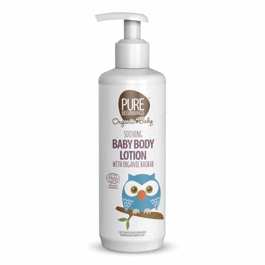 Pureday En flaske Baby Body Lotion baobab 250ml med en illustreret ugle på forsiden, med en pumpedispenser.