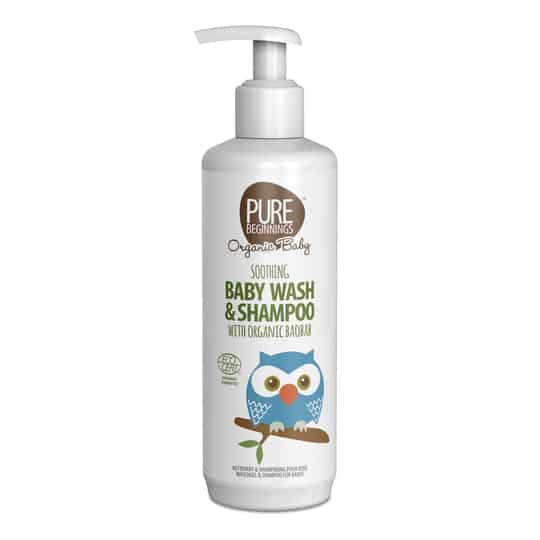 Pureday Et produktbillede af Økologisk Baby sæbe & shampoo baobab 500ml økologisk baby beroligende babyvask og shampoo. Emballagen har et sødt ugledesign og nævner inklusion af økologisk baobab og understreger økologi.