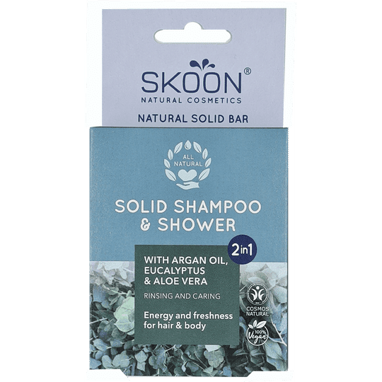 Pureday Emballage af Skoon Solid shampoo & Shower bar 2 i 1 Energi og Friskhed med arganolie, eukalyptus & aloe vera, mærket for energi og friskhed, certificeret ø