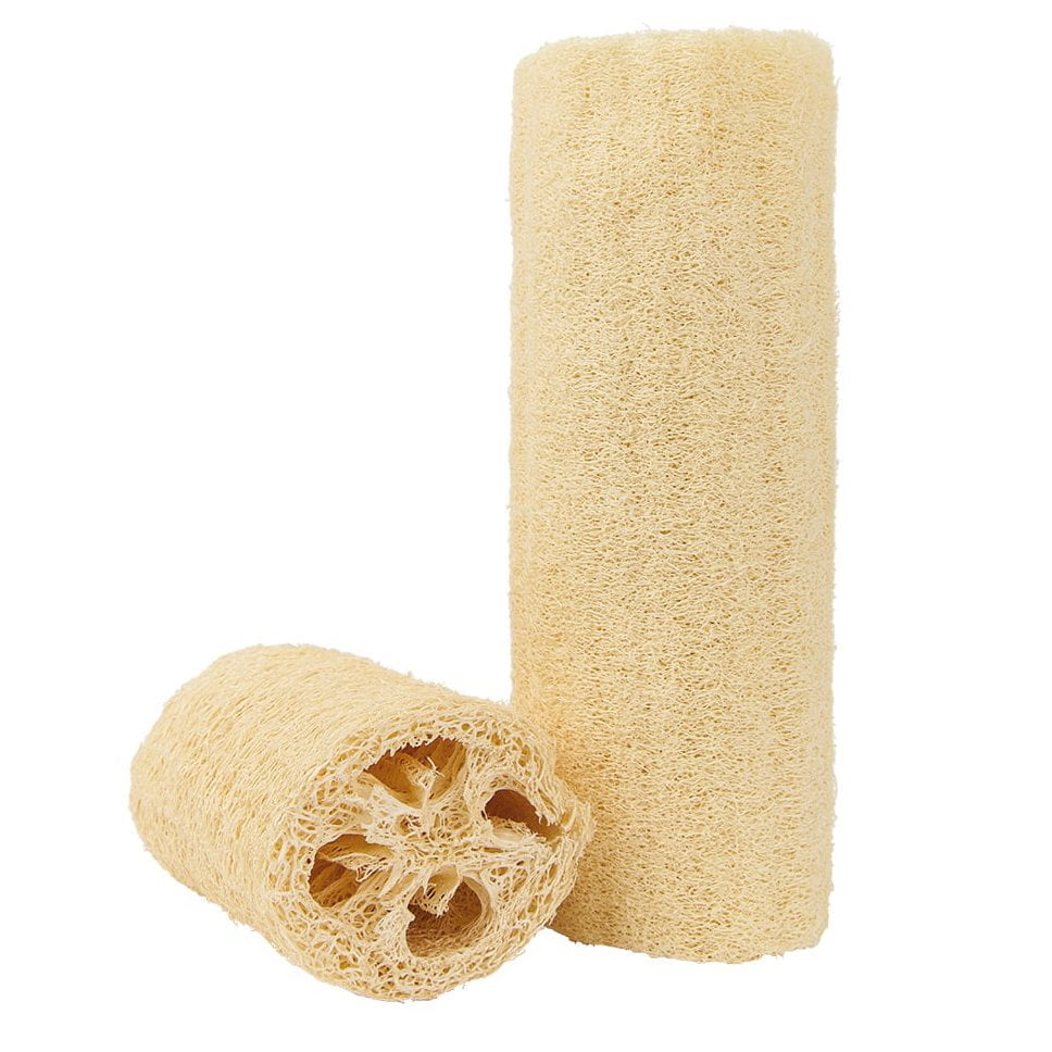 Pureday To Loofah svamp ca 15 cm stående oprejst, med et helt og et delvist skåret stykke mod en hvid baggrund, der understreger økologi.