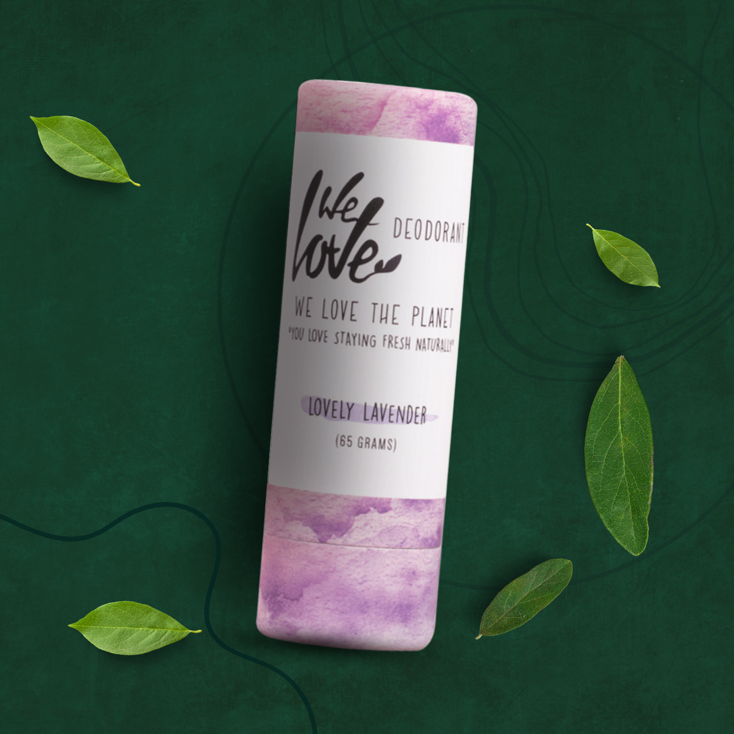 En tube Økologisk deodorantstift - Dejlig Lavendel 65g på naturlig baggrund.