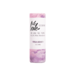 Pureday En cylindrisk Økologisk deodorant - Lovely Lavender 65g stick mærket "we love the planet," i en pastel lilla beholder med "dejlig lavendel" og en 65 grams indikator synlig, designet til optimal velvære.