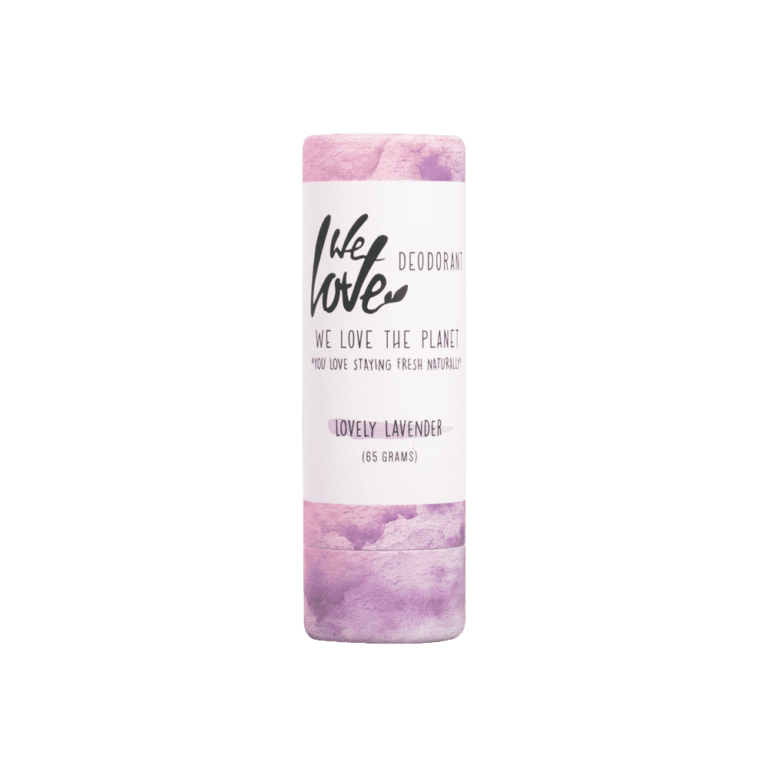 Pureday En cylindrisk Økologisk deodorant - Lovely Lavender 65g stick mærket "we love the planet," i en pastel lilla beholder med "dejlig lavendel" og en 65 grams indikator synlig, designet til optimal velvære.