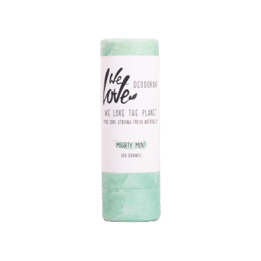 En tube Økologisk deodorantstift - Mighty Mint 65g med ordet kærlighed skrevet på, der fremmer helbredelse og naturlig pleje af velvære.