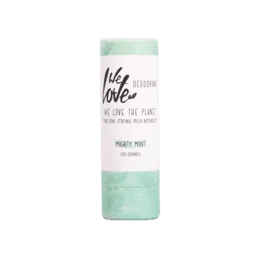 Pureday En cylindrisk beholder mærket "Økologisk deodorantstift - Mighty Mint", der fremmer miljøvenlige egenskaber og frisk mynteduft, med et blødt grønt og hvidt design, der understreger dens økologi-venlige karakter.