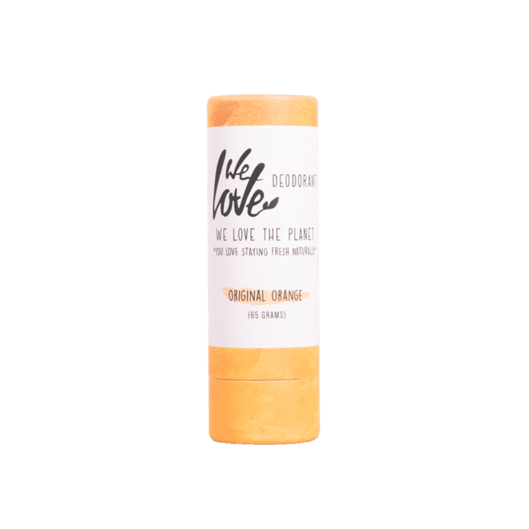 Pureday Økologisk deodorantstift - Original Orange 65g med hvid etiket hvor der står "we love the planet" og "original orange" mod sort baggrund, fås hos Matas.