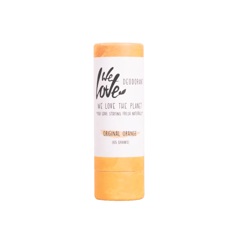 Pureday Økologisk deodorantstift - Original Orange 65g med hvid etiket hvor der står "we love the planet" og "original orange" mod sort baggrund, fås hos Matas.