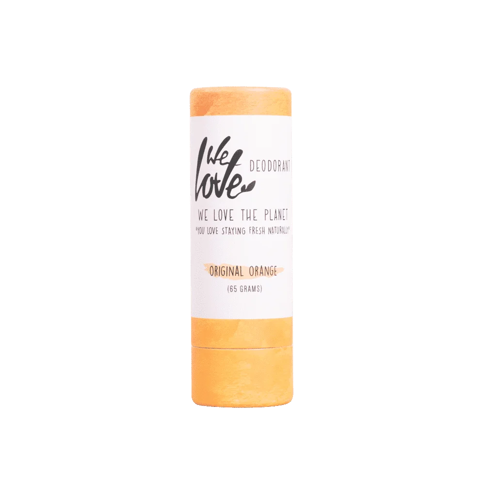 Pureday Økologisk deodorantstift - Original Orange 65g med hvid etiket hvor der står "we love the planet" og "original orange" mod sort baggrund, fås hos Matas.