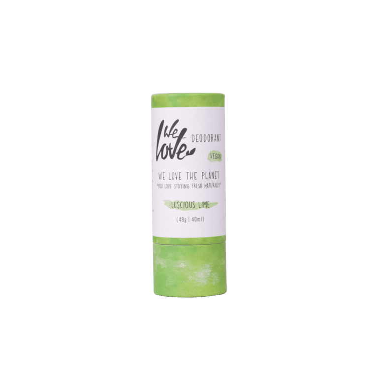 Pureday En roll-up stick af Økologisk deodorantstift - Lucious Lime - Vegansk 48g med limedesign på etiketten, isoleret mod sort baggrund.