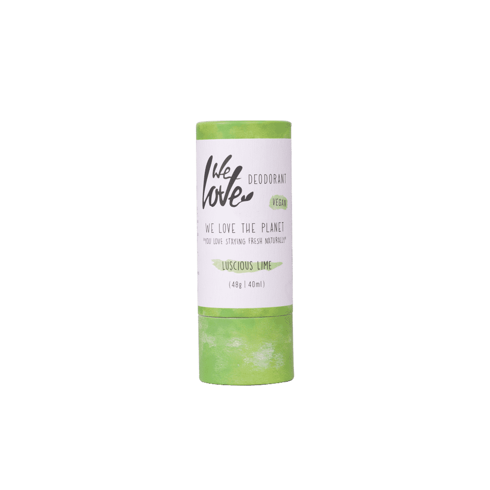 Beskrivelse: En tube Økologisk deodorant stift - Lucious Lime - Vegansk 48g med en grøn etiket på den for naturlig velvære.