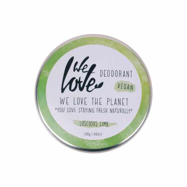 Pureday Rund dåse vegansk deodorant mærket "Økologisk Deodorant Creme - Lucious Lime - Vegansk," med et grønt akvareldesign.