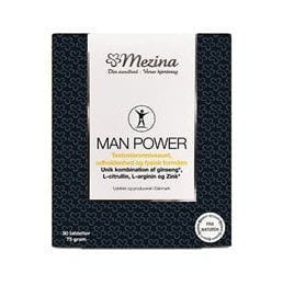 Pureday Emballage til "Man Power 90 kapsler" supplement med hvidt og sort design, med produktnavn, helbredsbeskrivelse på dansk og et antal på 50 tabletter.