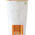 Pureday En tube Africa Organics - Mongongo Shampoo og balsam med et hvidt og guld design, mærket som "100% naturlig oprindelse" til farvebehandlet hår, der understreger økologi.