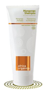 Pureday En tube Africa Organics - Mongongo Shampoo og balsam med et hvidt og guld design, mærket som "100% naturlig oprindelse" til farvebehandlet hår, der understreger økologi.