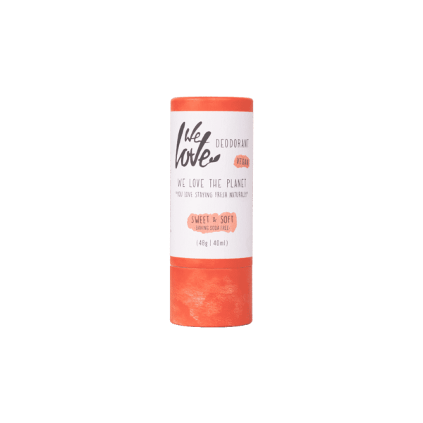 En tube Økologisk deodorantstift - Sweet & Soft - vegansk 48g på hvid baggrund.