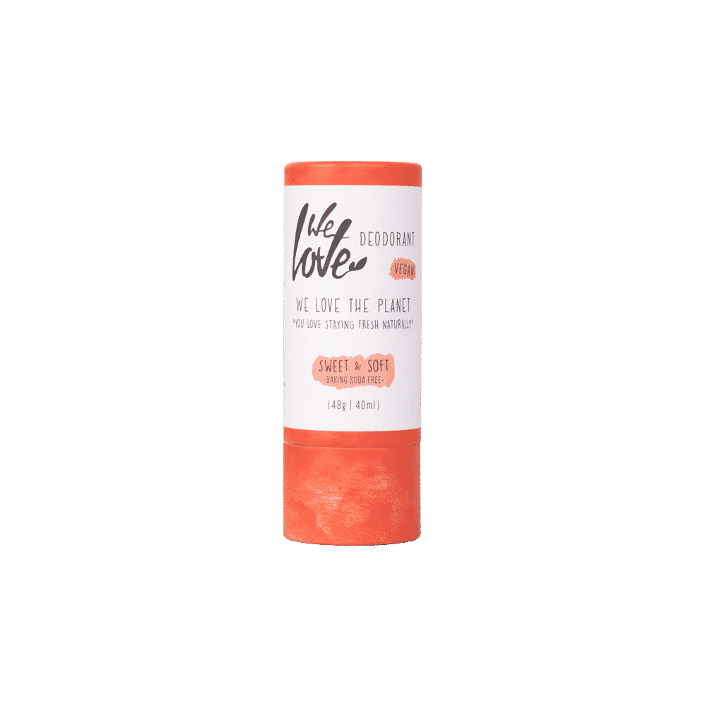 En tube Økologisk deodorantstift - Sweet & Soft - vegansk 48g på hvid baggrund.