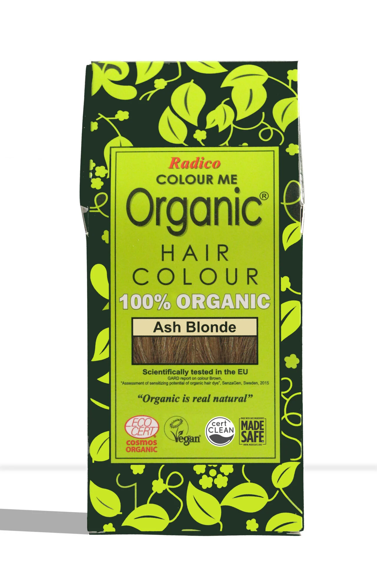 Pureday En æske Naturlig og økologisk Henna fra Radico i Ash Blonde 100g. Den grønne Pureday-emballage har bladmønstre og viser stolt etiketter for 100 % økologisk, certificeret vegansk og miljøvenlig.