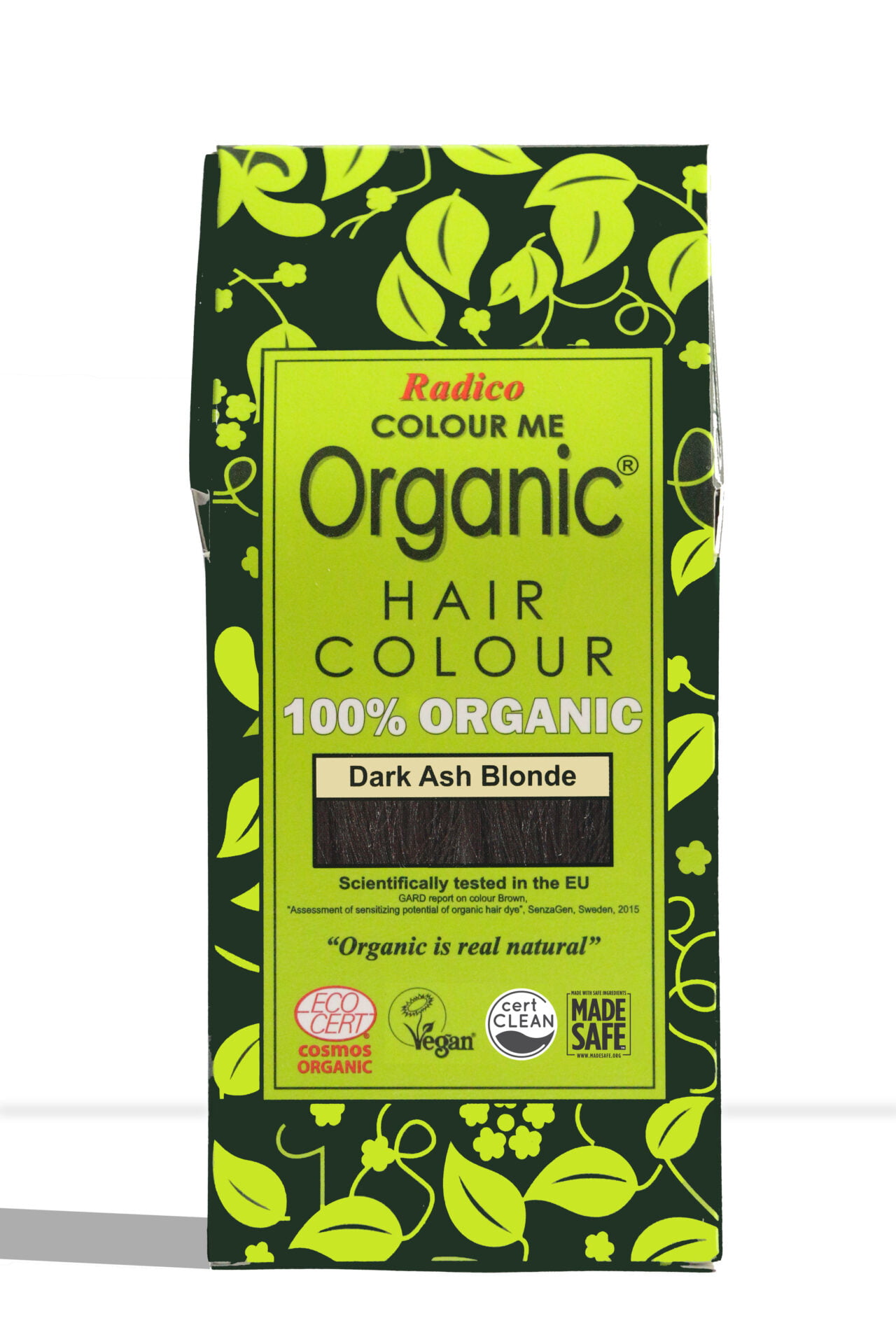 Pureday En grøn og sort æske Økologisk Henna fra Radico i varianten Dark Ash Blonde, med "100% økologisk" mærkning. Emballagen viser certificeringslogoer og bladmønstre.