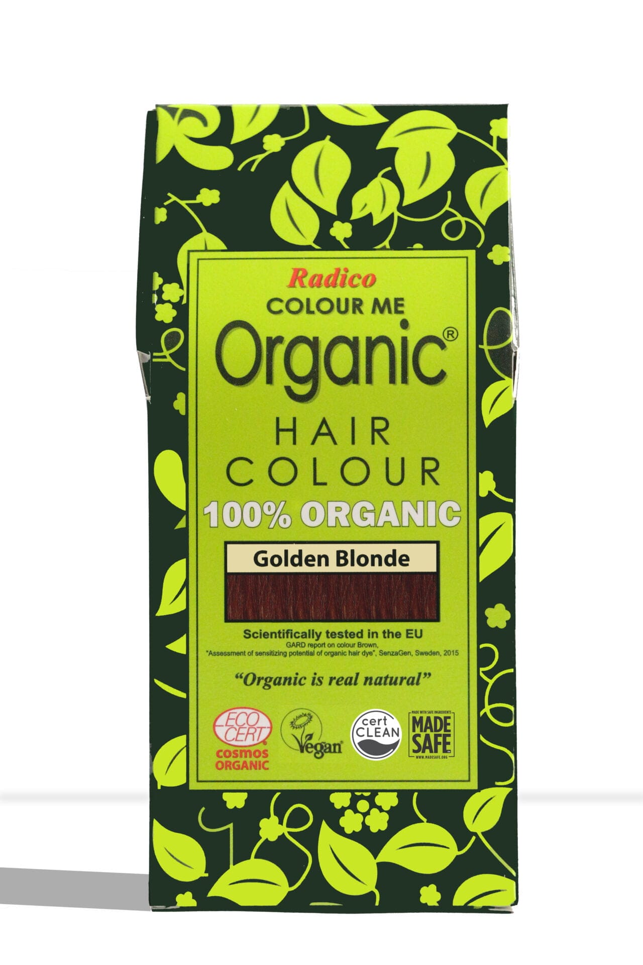 Pureday En grøn og sort æske med økologisk hårfarve, udsmykket med bladdesign, har teksten "Økologisk Henna fra Radico - Golden Blonde 100g." Det viser certificeringslogoer og understreger Pureday-løftet om økologiske ingredienser.