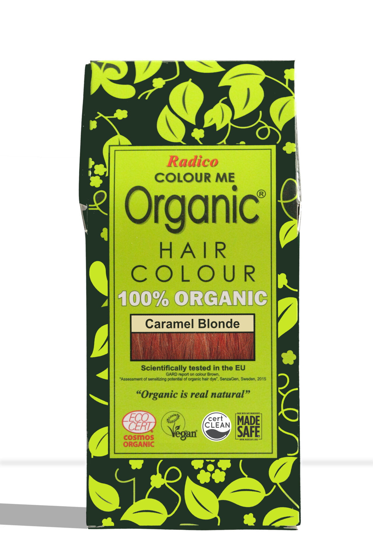 Pureday En æske Økologisk Henna fra Radico i Caramel Blonde 100g. Den mørkegrønne emballage er prydet med gule grønne designs og viser adskillige certificeringer, herunder økologisk, vegansk, USDA Organic og Made Safe.