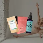 Pureday En collage viser en fleksibel person i en yogastilling, sat mod en hvid tekstureret væg sammen med en brun pakke mærket "Hemp Energy Mix", en lyserød æske mærket "Beautyforce" og en lilla flaske mærket "Mind Studio". Denne harmoniske blanding inkarnerer Økologisk Energy, Beauty & Focus bundt, der fremmer naturlig skønhed og velvære.